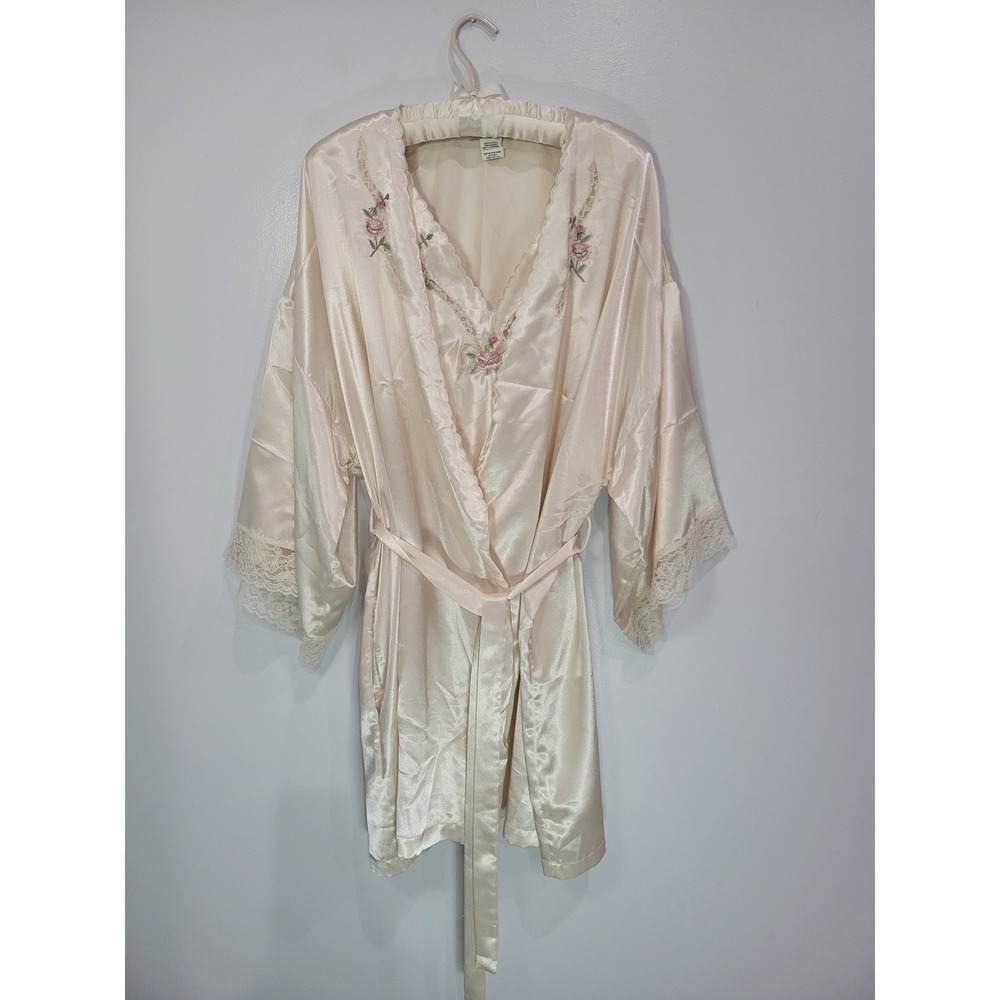 Val Mode Lingerie Vintage Ivory Satin Peignoir Nightgown Robe Set Floral Lace M